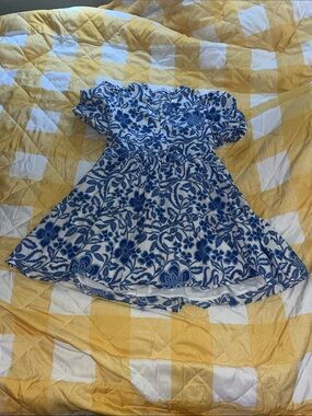 Blue and White Floral Midi Dress with Puff Sleeves